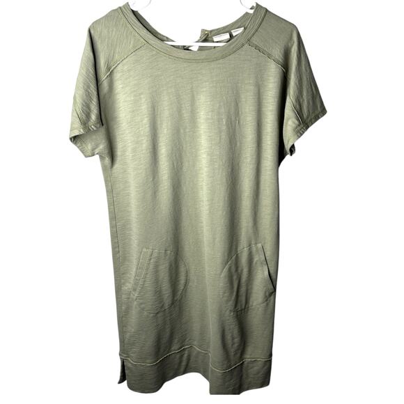 Chico's Pullover Lagenlook Lace Up Back Tee Mini Dress Olive Green Size 1 (M-8) - Picture 1 of 8